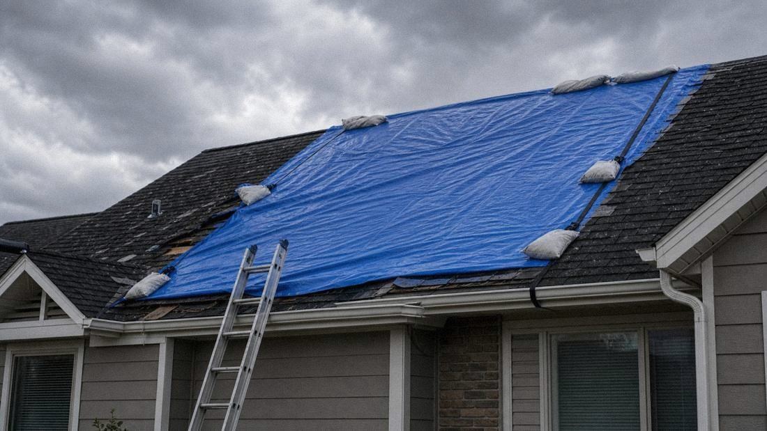 Emergency roof tarp after storm damage